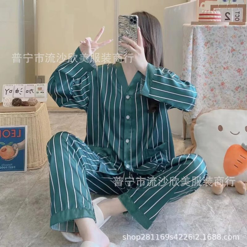 Autumn New Women's Long-sleeved Pants Cardigan Simulation Silk Loose Lapel Women's Homewear Pajamas Set Women's Ice Silk Pajamas - Image 8
