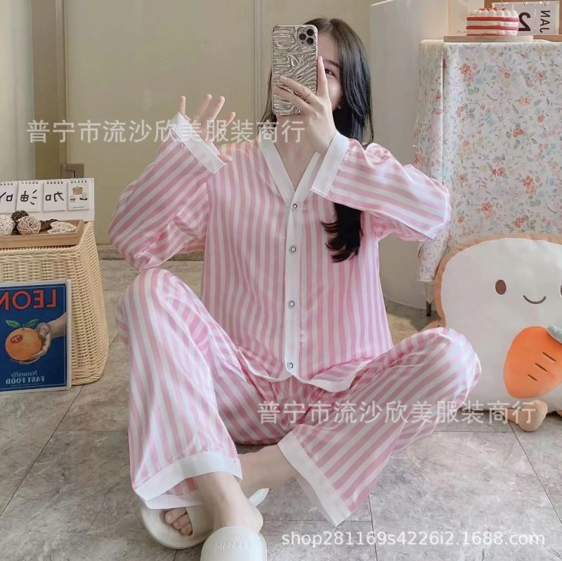 Autumn New Women's Long-sleeved Pants Cardigan Simulation Silk Loose Lapel Women's Homewear Pajamas Set Women's Ice Silk Pajamas - Image 9
