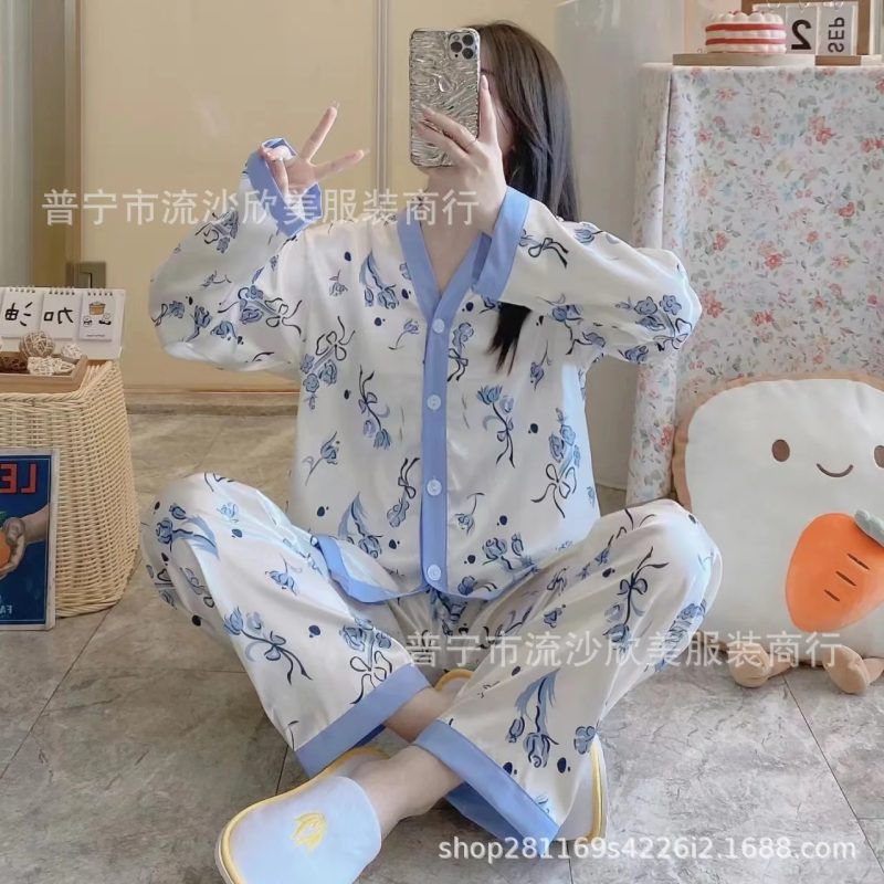 Autumn New Women's Long-sleeved Pants Cardigan Simulation Silk Loose Lapel Women's Homewear Pajamas Set Women's Ice Silk Pajamas - Image 14