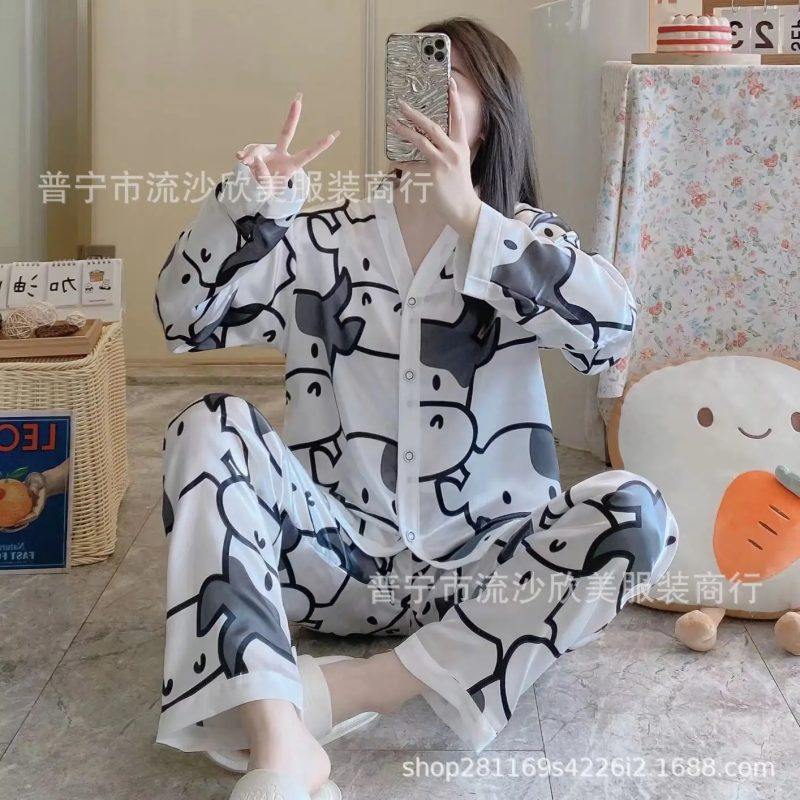 Autumn New Women's Long-sleeved Pants Cardigan Simulation Silk Loose Lapel Women's Homewear Pajamas Set Women's Ice Silk Pajamas - Image 15