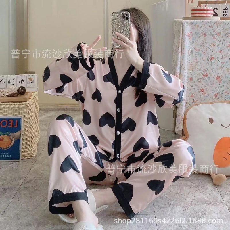 Autumn New Women's Long-sleeved Pants Cardigan Simulation Silk Loose Lapel Women's Homewear Pajamas Set Women's Ice Silk Pajamas - Image 16