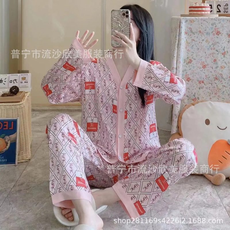 Autumn New Women's Long-sleeved Pants Cardigan Simulation Silk Loose Lapel Women's Homewear Pajamas Set Women's Ice Silk Pajamas - Image 17