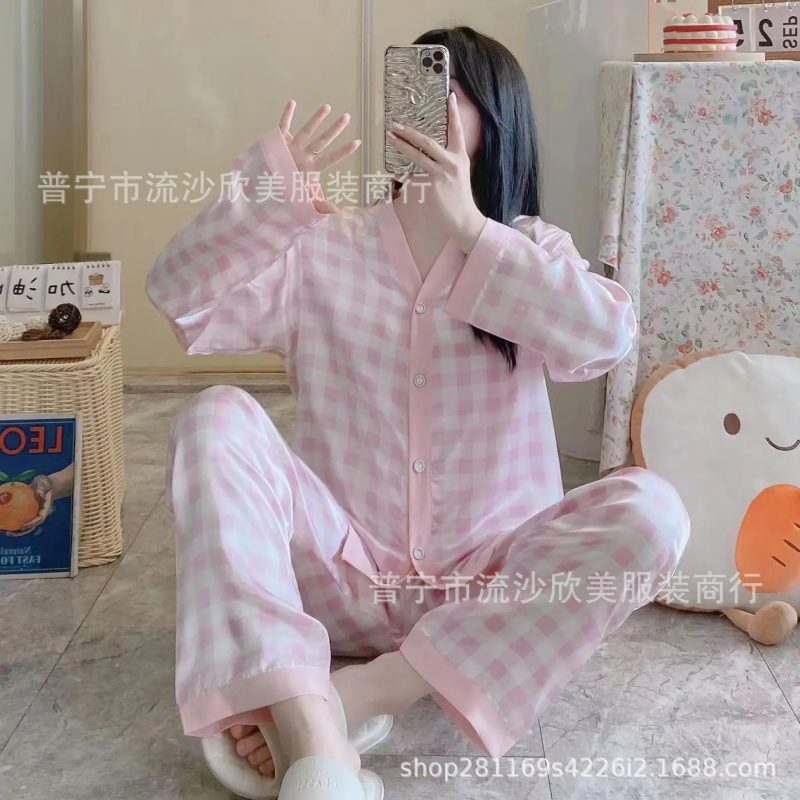 Autumn New Women's Long-sleeved Pants Cardigan Simulation Silk Loose Lapel Women's Homewear Pajamas Set Women's Ice Silk Pajamas - Image 18