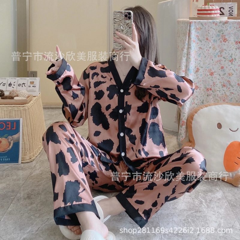 Autumn New Women's Long-sleeved Pants Cardigan Simulation Silk Loose Lapel Women's Homewear Pajamas Set Women's Ice Silk Pajamas - Image 19