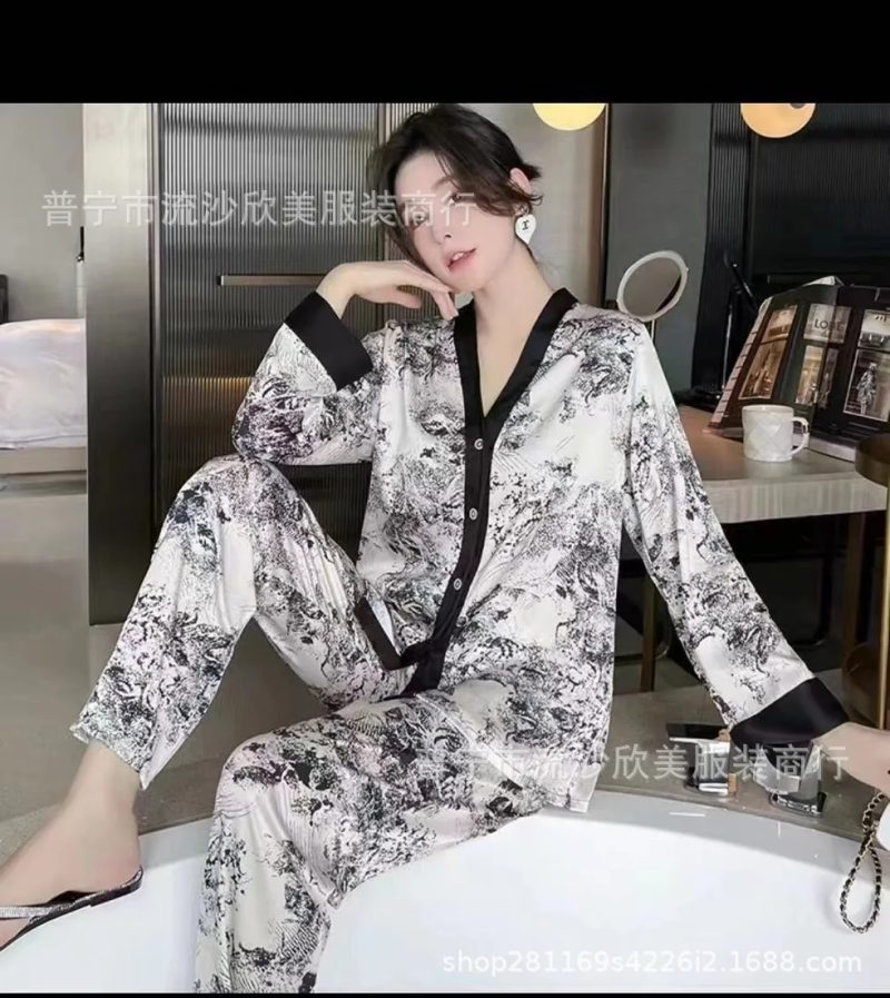 Autumn New Women's Long-sleeved Pants Cardigan Simulation Silk Loose Lapel Women's Homewear Pajamas Set Women's Ice Silk Pajamas - Image 23