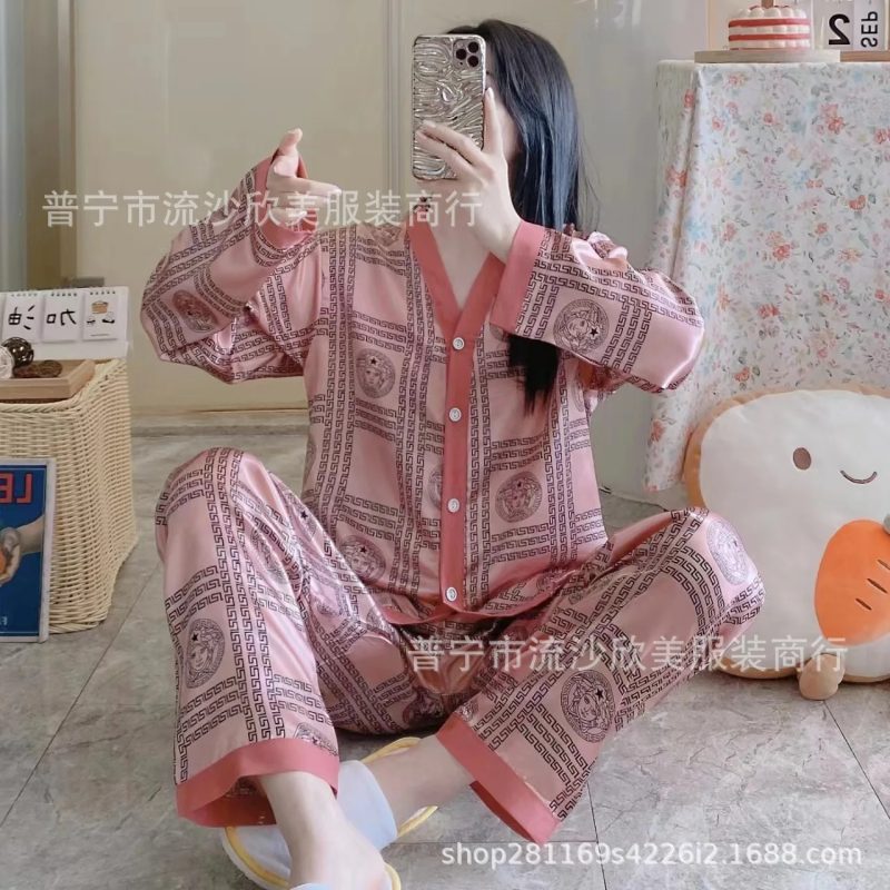 Autumn New Women's Long-sleeved Pants Cardigan Simulation Silk Loose Lapel Women's Homewear Pajamas Set Women's Ice Silk Pajamas - Image 24