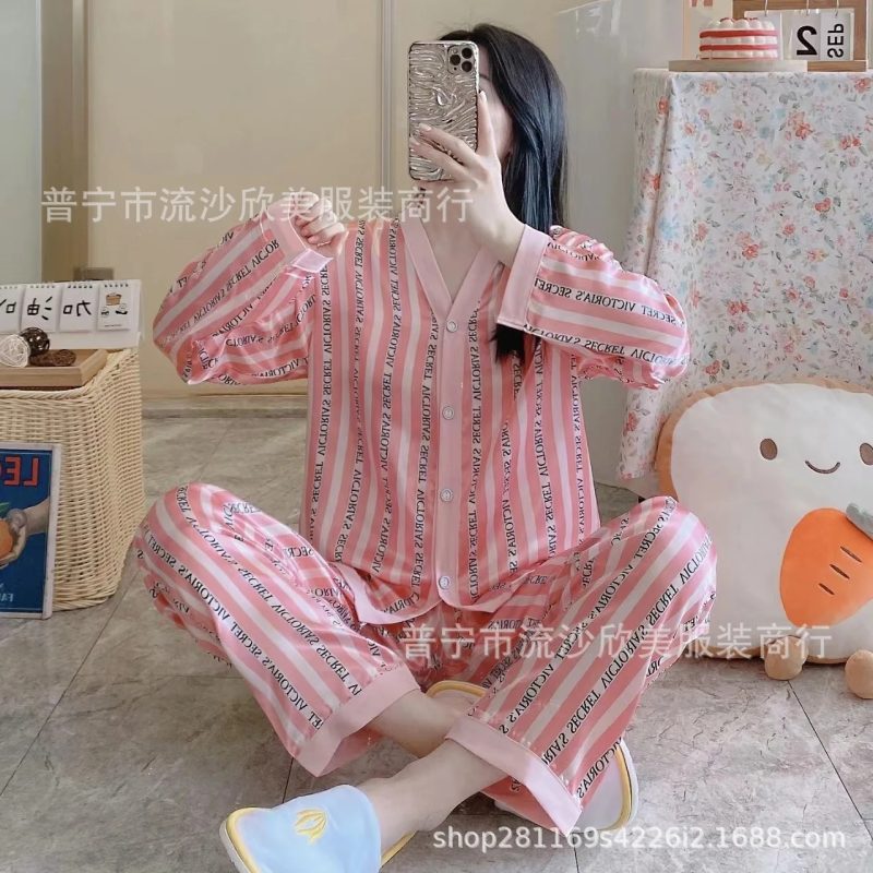 Autumn New Women's Long-sleeved Pants Cardigan Simulation Silk Loose Lapel Women's Homewear Pajamas Set Women's Ice Silk Pajamas - Image 25