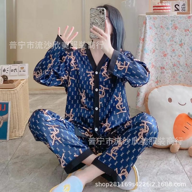 Autumn New Women's Long-sleeved Pants Cardigan Simulation Silk Loose Lapel Women's Homewear Pajamas Set Women's Ice Silk Pajamas - Image 26