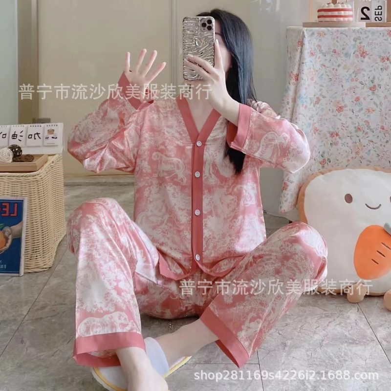 Autumn New Women's Long-sleeved Pants Cardigan Simulation Silk Loose Lapel Women's Homewear Pajamas Set Women's Ice Silk Pajamas - Image 27