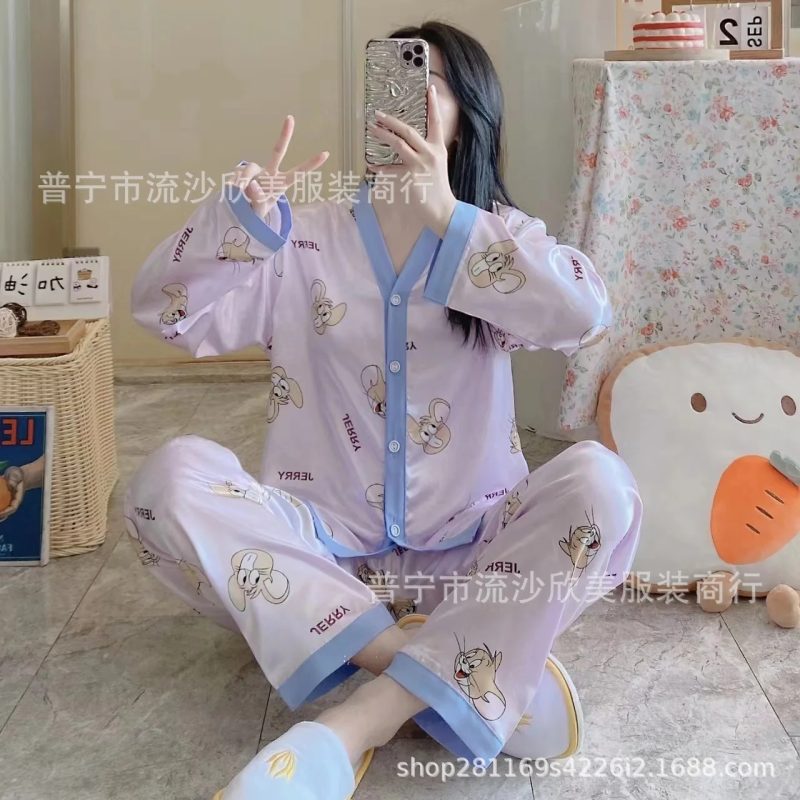 Autumn New Women's Long-sleeved Pants Cardigan Simulation Silk Loose Lapel Women's Homewear Pajamas Set Women's Ice Silk Pajamas - Image 28