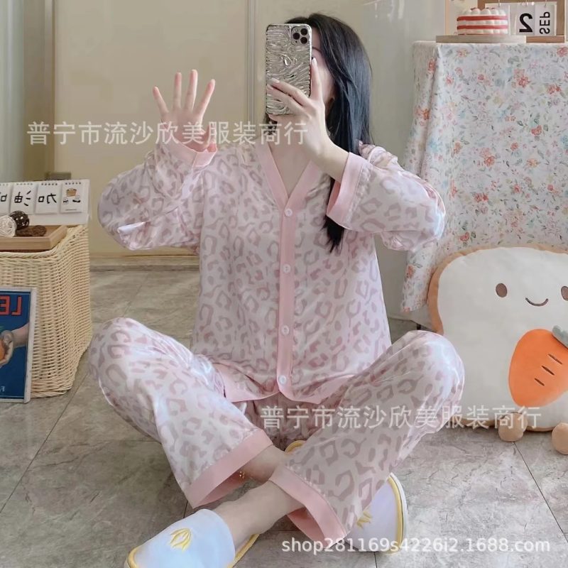 Autumn New Women's Long-sleeved Pants Cardigan Simulation Silk Loose Lapel Women's Homewear Pajamas Set Women's Ice Silk Pajamas - Image 29