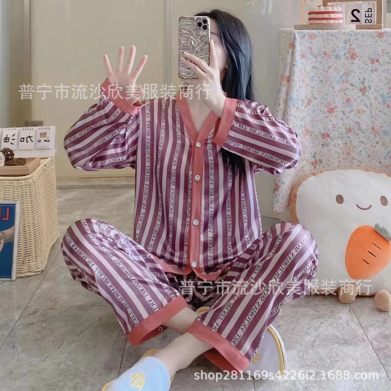 Autumn New Women's Long-sleeved Pants Cardigan Simulation Silk Loose Lapel Women's Homewear Pajamas Set Women's Ice Silk Pajamas - Image 30