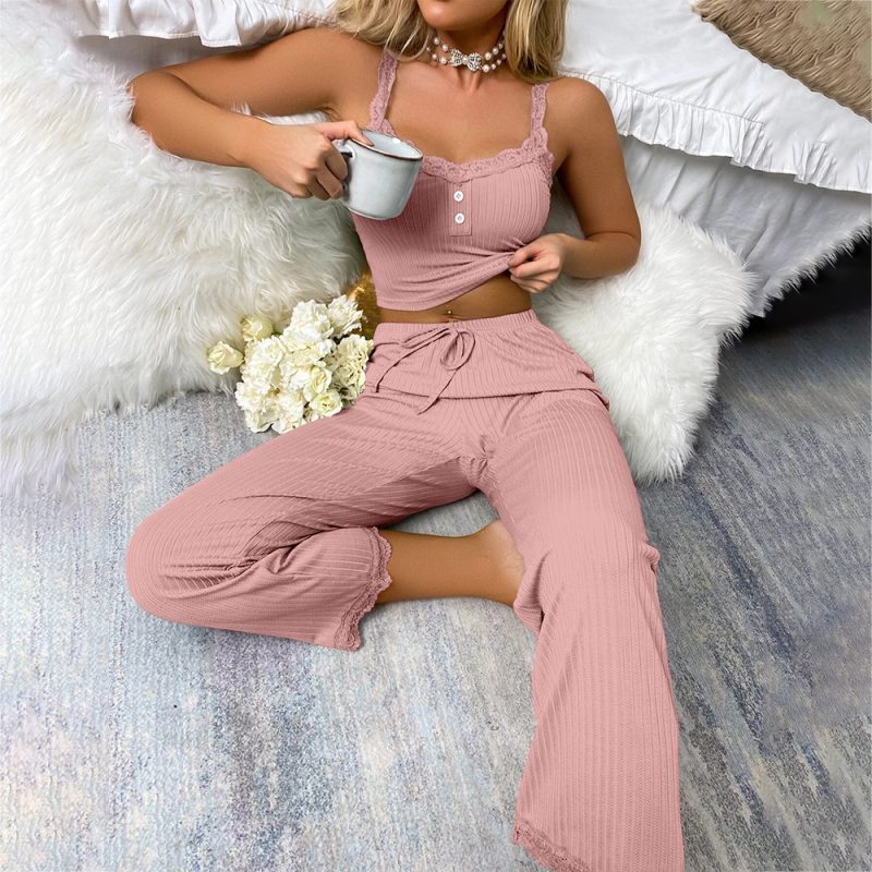 Summer Lace Sexy Casual Pajamas Set For Women Black Solid Color Suspenders Long Trousers Sexy Lounge Set Sleepwear 2 Pcs 3XL - Image 3