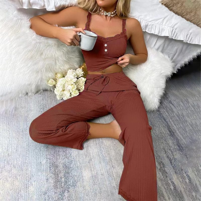 Summer Lace Sexy Casual Pajamas Set For Women Black Solid Color Suspenders Long Trousers Sexy Lounge Set Sleepwear 2 Pcs 3XL - Image 7