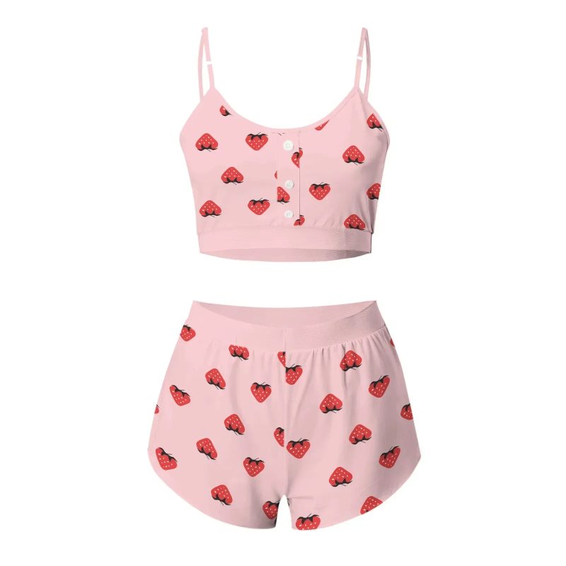 Women Sleepwear Lips Butterfly Print Home Suspended Pajamas Set Vest Bra Top Short Nightwear Lingerie Women's Nightgown - Image 3