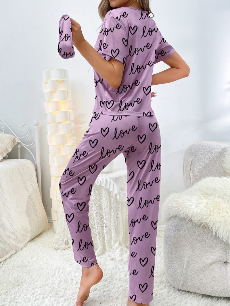New women's home wear short sleeve trousers pajamas love pattern casual and comfortable - Image 2