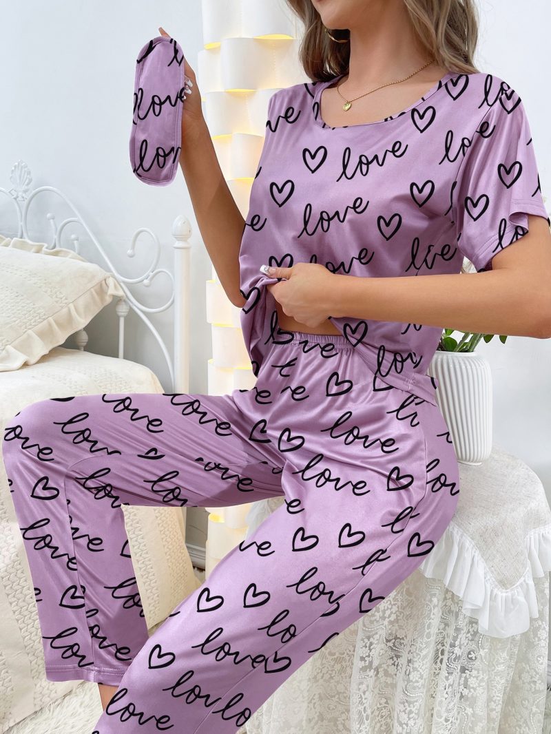 New women's home wear short sleeve trousers pajamas love pattern casual and comfortable - Image 3