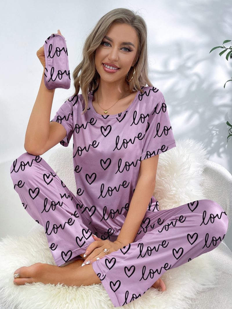New women's home wear short sleeve trousers pajamas love pattern casual and comfortable - Image 4