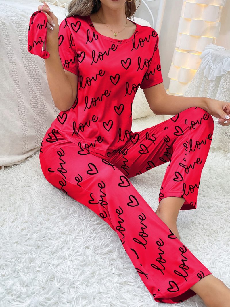 New women's home wear short sleeve trousers pajamas love pattern casual and comfortable - Image 8