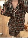 Women's Pajamas New Autumn Spring Long Sleeve Soft Sleepwear Set Grid cartoon pyjama Woman Home Nightwear Set Cardigan