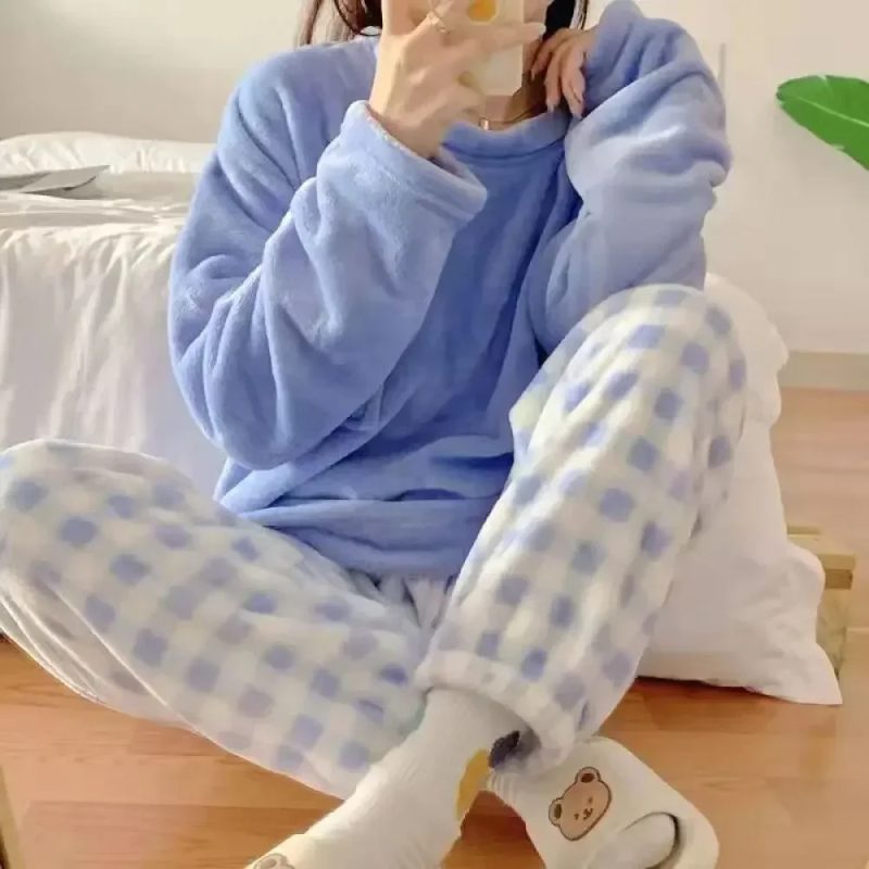 Autumn Winter Warm Women's Sleepwear Set Soft Casual Solid Long Sleeve Top and Pants Pijamas Set Men Women Homewear - Image 2