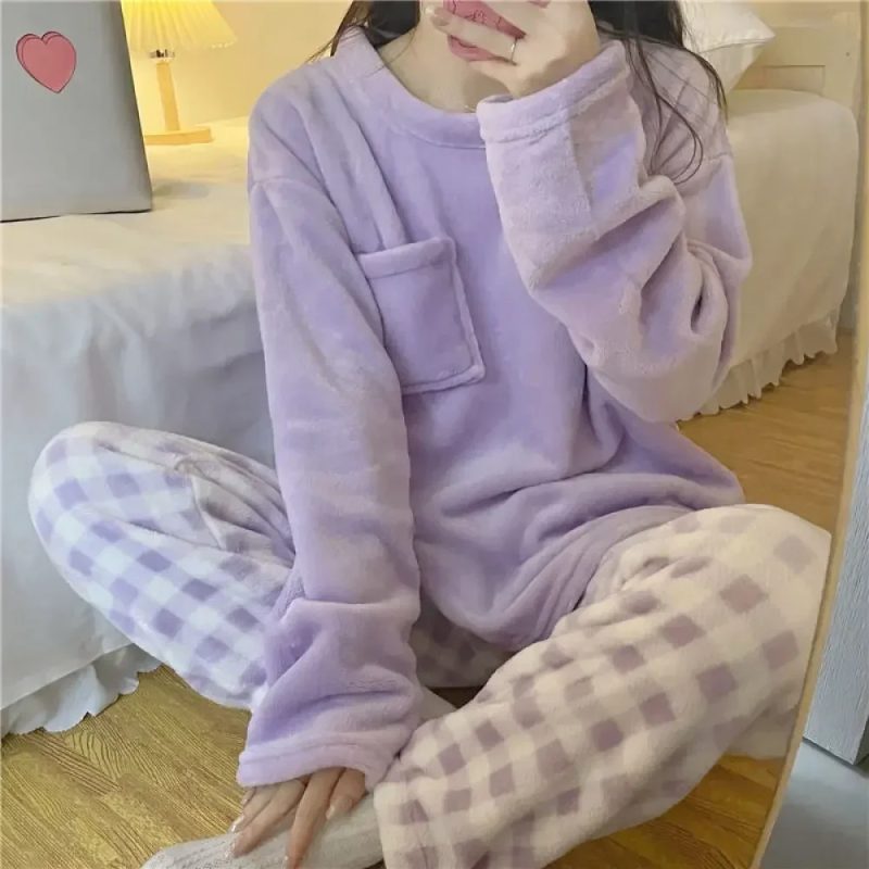 Autumn Winter Warm Women's Sleepwear Set Soft Casual Solid Long Sleeve Top and Pants Pijamas Set Men Women Homewear - Image 3