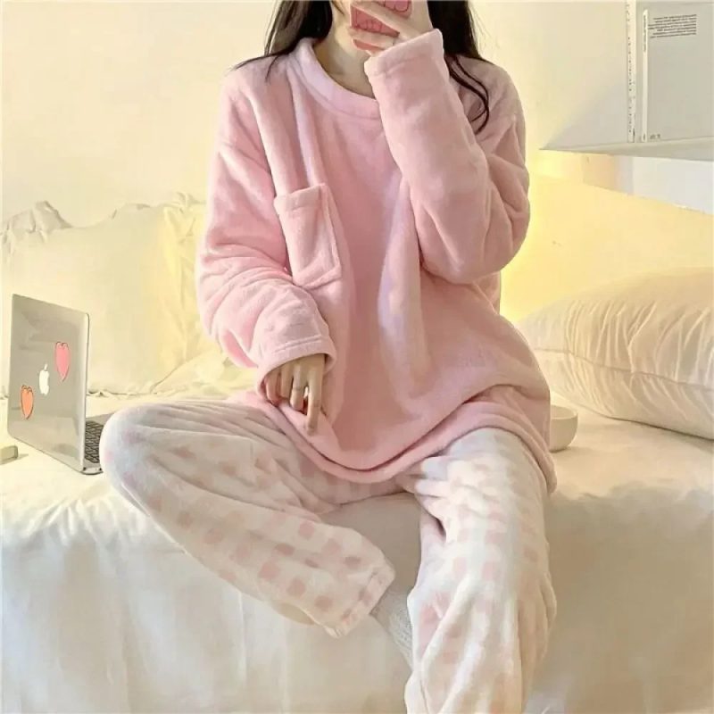 Autumn Winter Warm Women's Sleepwear Set Soft Casual Solid Long Sleeve Top and Pants Pijamas Set Men Women Homewear - Image 4