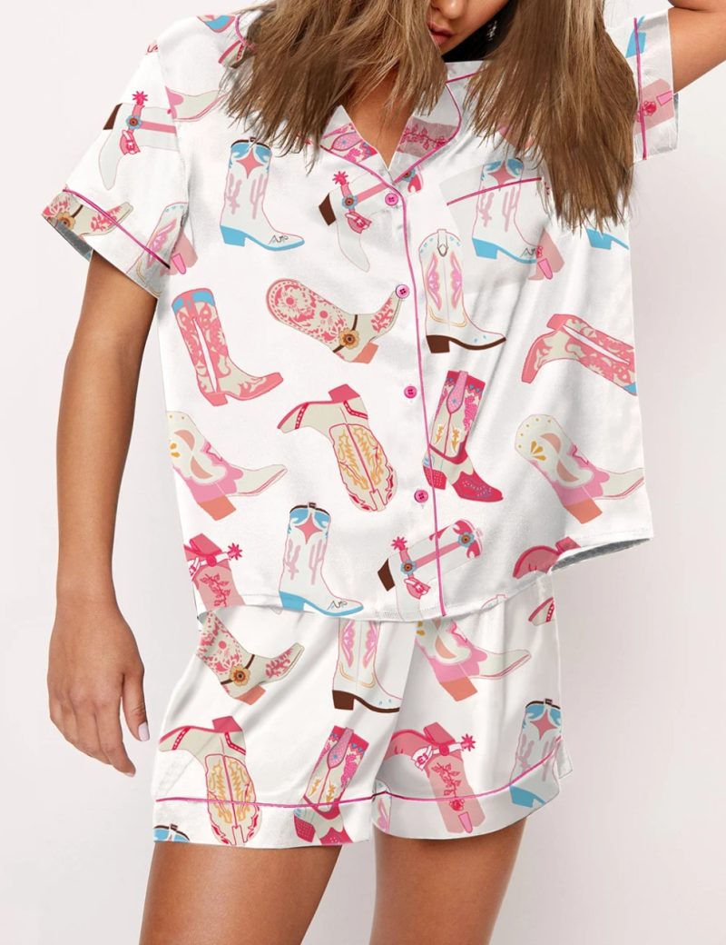 Y2k Bow Boots Print Satin Pajamas Short Set For Valentine's Day Satin Silk Pjs Sleepwear Loungewear Lounge Set for Women - Image 3