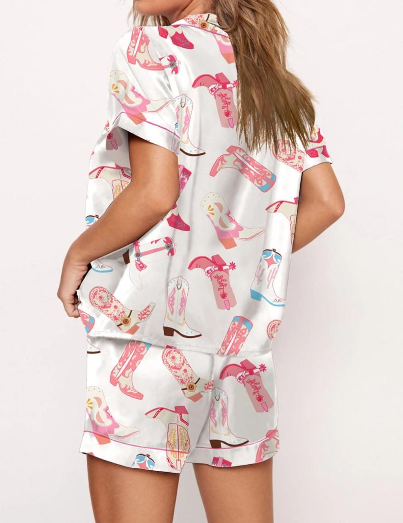 Y2k Bow Boots Print Satin Pajamas Short Set For Valentine's Day Satin Silk Pjs Sleepwear Loungewear Lounge Set for Women - Image 4