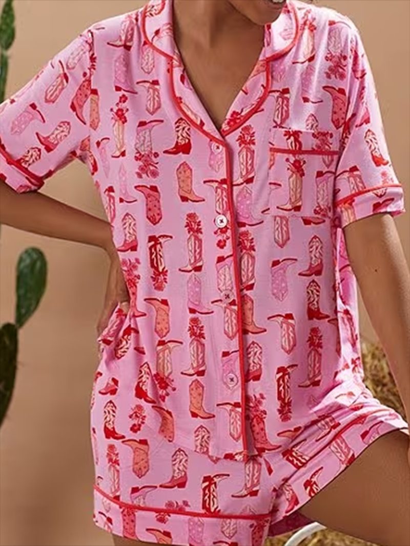 Y2k Bow Boots Print Satin Pajamas Short Set For Valentine's Day Satin Silk Pjs Sleepwear Loungewear Lounge Set for Women - Image 9