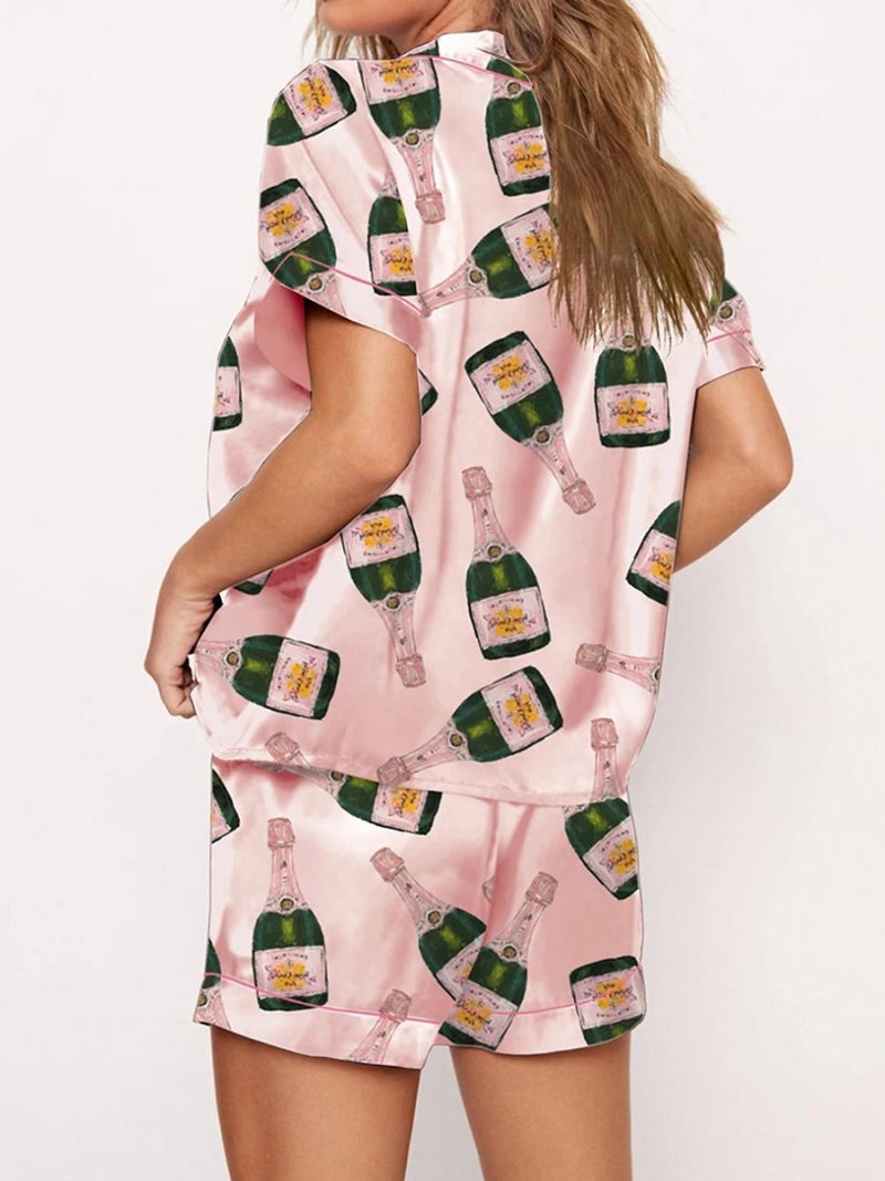 Champagne Bottle Pj Set For Women Y2k 2 Piece Satin Short Set Graphic Print Silk Short Set Matching Lounge Set Vacation Outfits - Image 2