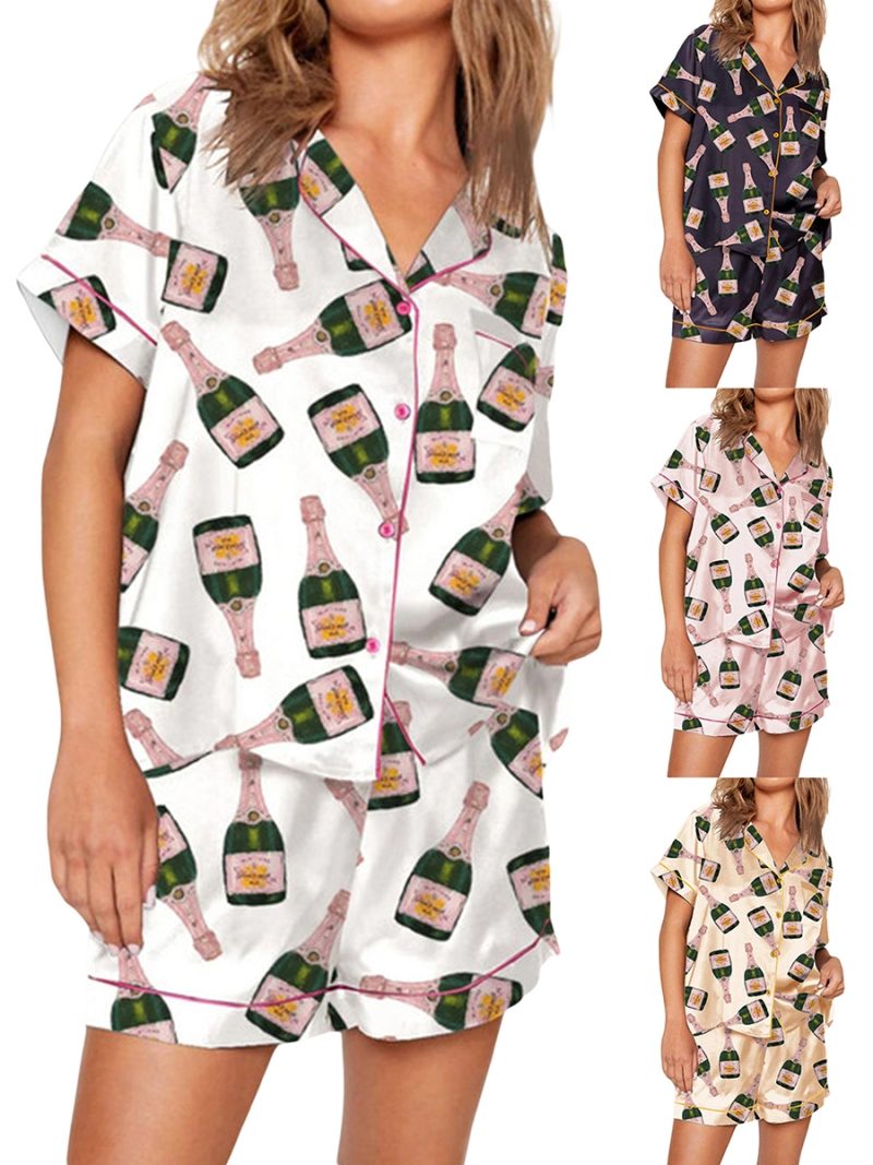 Champagne Bottle Pj Set For Women Y2k 2 Piece Satin Short Set Graphic Print Silk Short Set Matching Lounge Set Vacation Outfits - Image 6