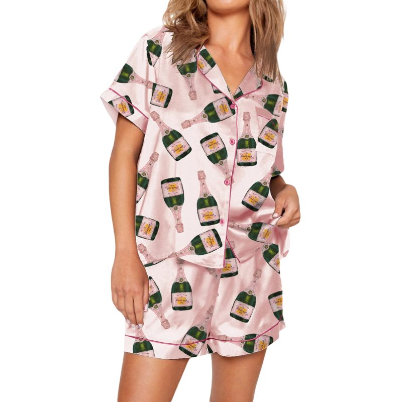 Champagne Bottle Pj Set For Women Y2k 2 Piece Satin Short Set Graphic Print Silk Short Set Matching Lounge Set Vacation Outfits - Image 7