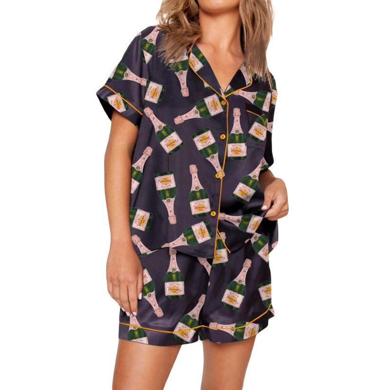 Champagne Bottle Pj Set For Women Y2k 2 Piece Satin Short Set Graphic Print Silk Short Set Matching Lounge Set Vacation Outfits - Image 8