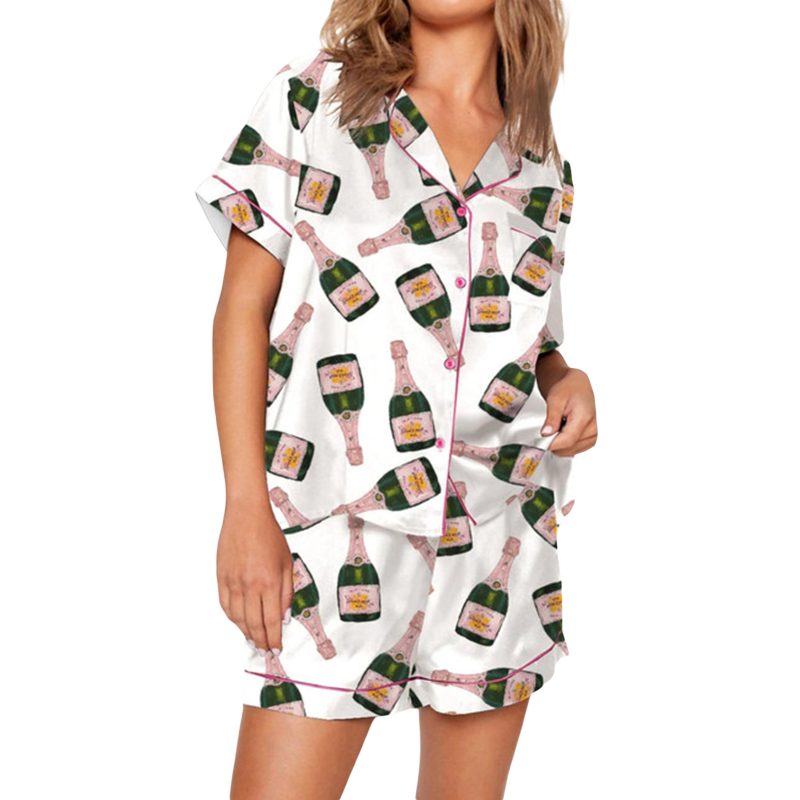 Champagne Bottle Pj Set For Women Y2k 2 Piece Satin Short Set Graphic Print Silk Short Set Matching Lounge Set Vacation Outfits - Image 11