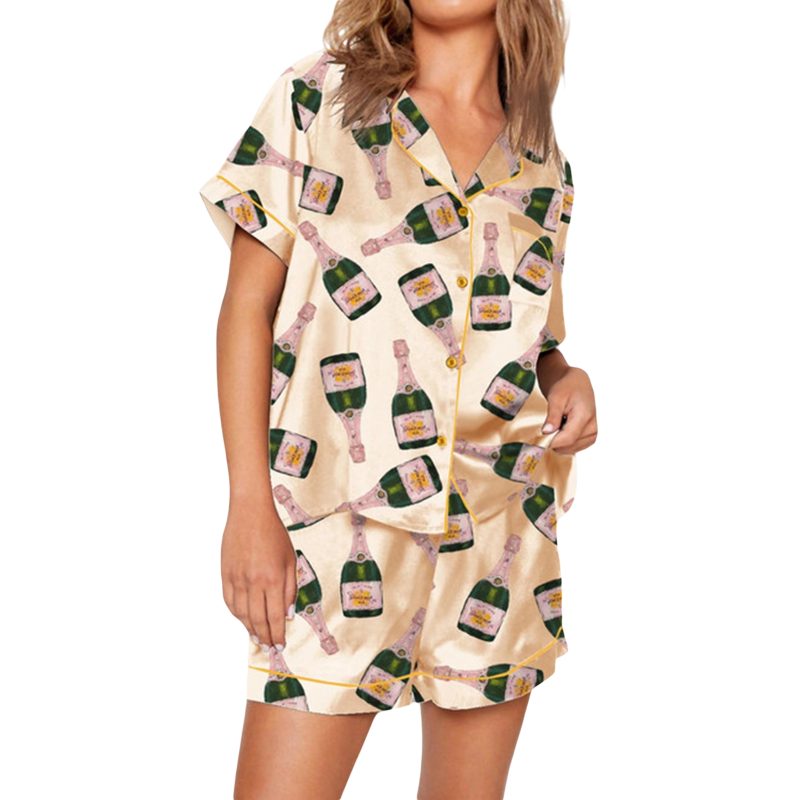 Champagne Bottle Pj Set For Women Y2k 2 Piece Satin Short Set Graphic Print Silk Short Set Matching Lounge Set Vacation Outfits - Image 12