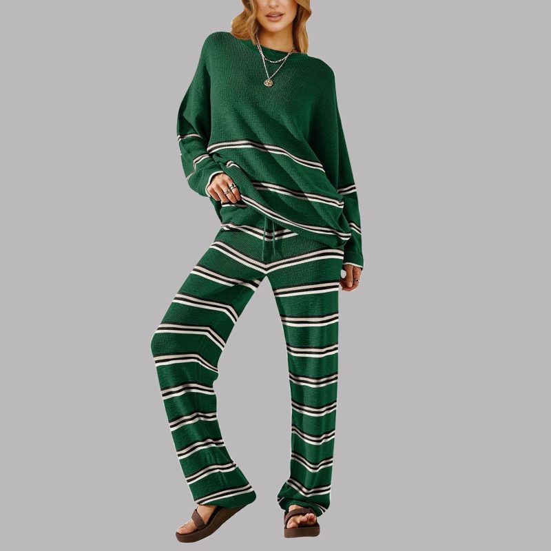 Women Winter Fashion Oversized Pants Sets Striped Patchwork Long Sleeve Cozy Loungewear Knit Clothes Womens Pants Suit
