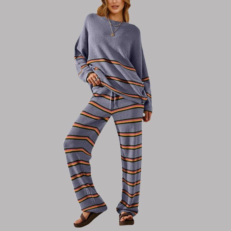 Women Winter Fashion Oversized Pants Sets Striped Patchwork Long Sleeve Cozy Loungewear Knit Clothes Womens Pants Suit - Image 2