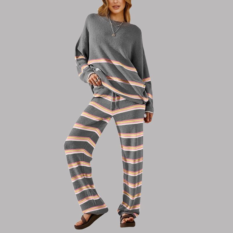 Women Winter Fashion Oversized Pants Sets Striped Patchwork Long Sleeve Cozy Loungewear Knit Clothes Womens Pants Suit - Image 3