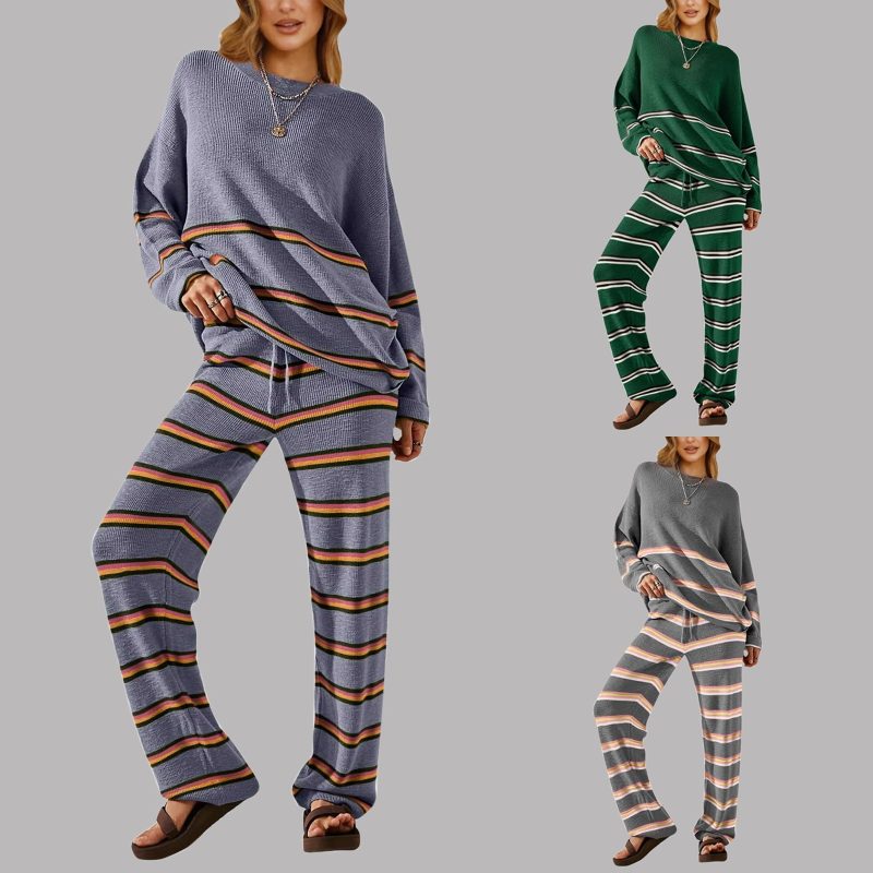 Women Winter Fashion Oversized Pants Sets Striped Patchwork Long Sleeve Cozy Loungewear Knit Clothes Womens Pants Suit - Image 4