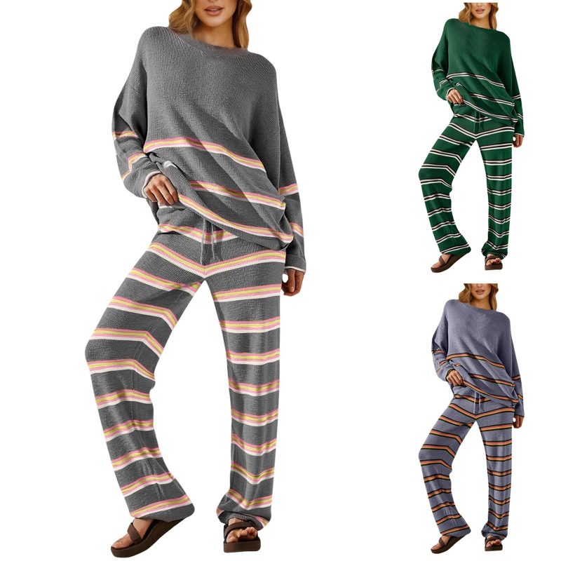Women Winter Fashion Oversized Pants Sets Striped Patchwork Long Sleeve Cozy Loungewear Knit Clothes Womens Pants Suit - Image 5