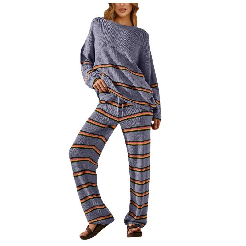 Women Winter Fashion Oversized Pants Sets Striped Patchwork Long Sleeve Cozy Loungewear Knit Clothes Womens Pants Suit - Image 6