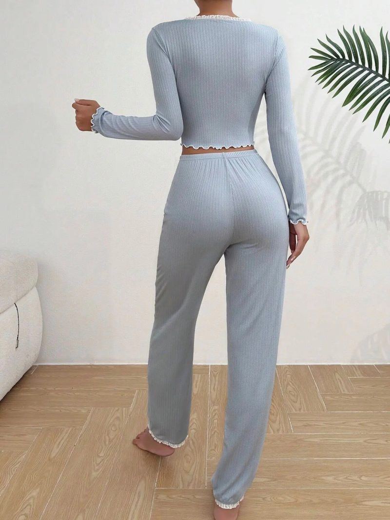 2024 Autumn Winter Pajamas Set for Women Homewear Long Sleeves Shirt Trousers 2 Pieces Sexy Lace Pijamas Sleepwear Loungewear - Image 3