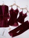 TOP Casual Velour Home Clothing 4pcs Sleep Set Intimate Lingerie Women Pajamas Suit Long Sleeve Lace Velvet Homewear Pyjamas set
