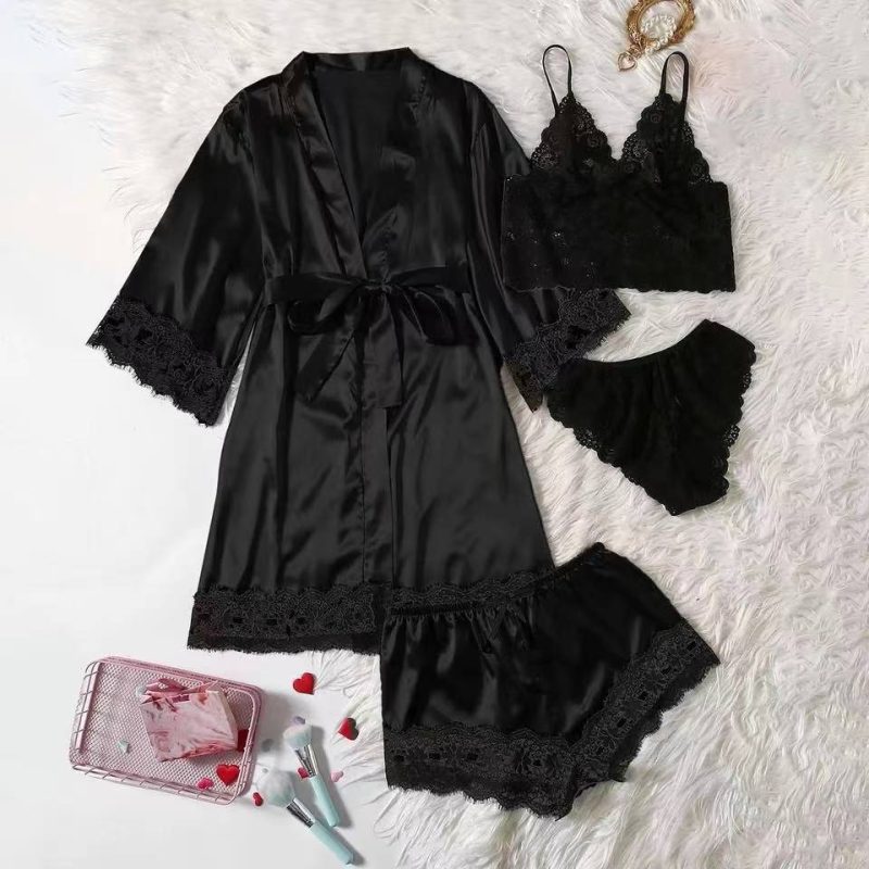 4PCS Women's Long Pajamas Set White Lace Satin Silk Night Lingerie Tops And Shorts Casual Sleepwear Loose Wedding Home Gown - Image 2