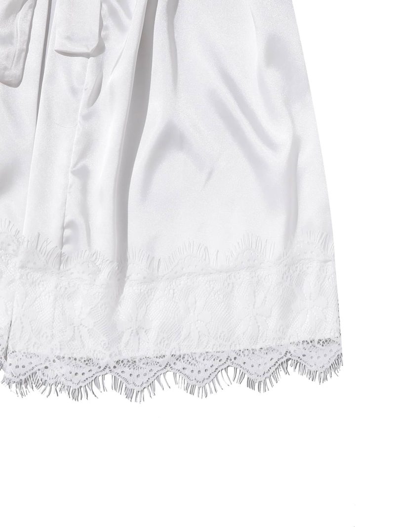 4PCS Women's Long Pajamas Set White Lace Satin Silk Night Lingerie Tops And Shorts Casual Sleepwear Loose Wedding Home Gown - Image 5
