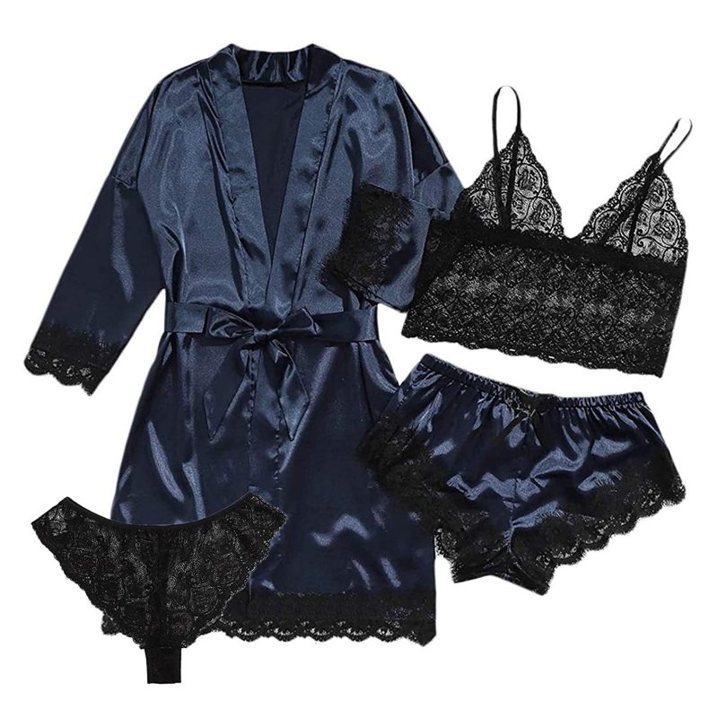 4PCS Women's Long Pajamas Set White Lace Satin Silk Night Lingerie Tops And Shorts Casual Sleepwear Loose Wedding Home Gown - Image 7