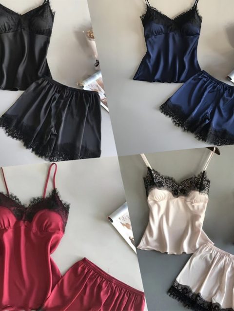 Sexy Lace Pajamas Suit Women V-Neck Sleepwear Fashion Lingerie high quality Casual Nightwear Pajamas Set