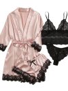 Women Fashion Pajama Print Sexy Lace Trim Faux Silk Satin Pajama Set Gown Skin Friendly Comfort Loungewear Sexy Pajamas