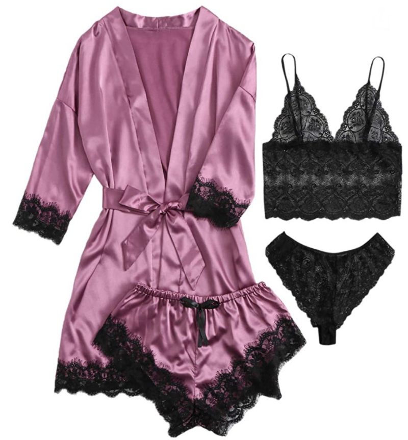 Women Fashion Pajama Print Sexy Lace Trim Faux Silk Satin Pajama Set Gown Skin Friendly Comfort Loungewear Sexy Pajamas - Image 2